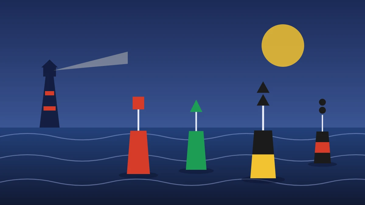 Illustration de bouées de balisage rouges, vertes et cardinales devant un phare