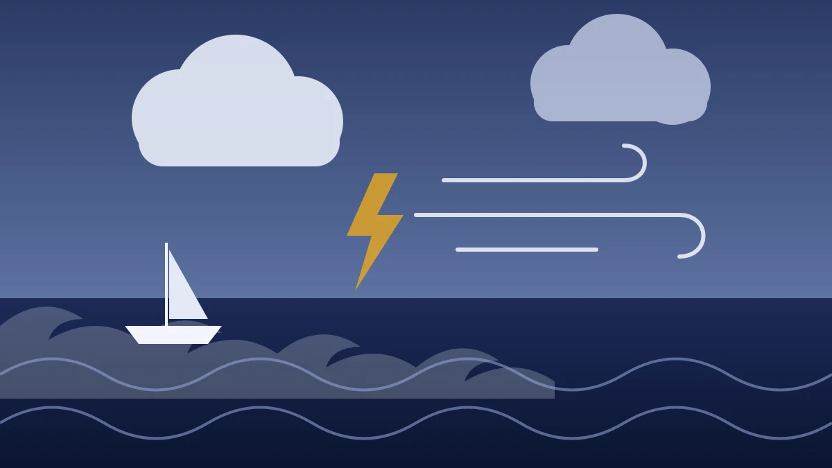 Illustration d’un voilier sous un ciel nuageux avec du vent et un orage