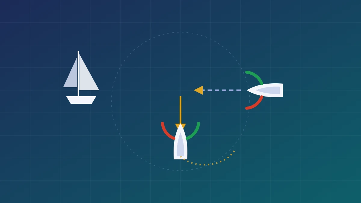 Illustration de deux bateaux qui se croisent avec leurs feux de navigation